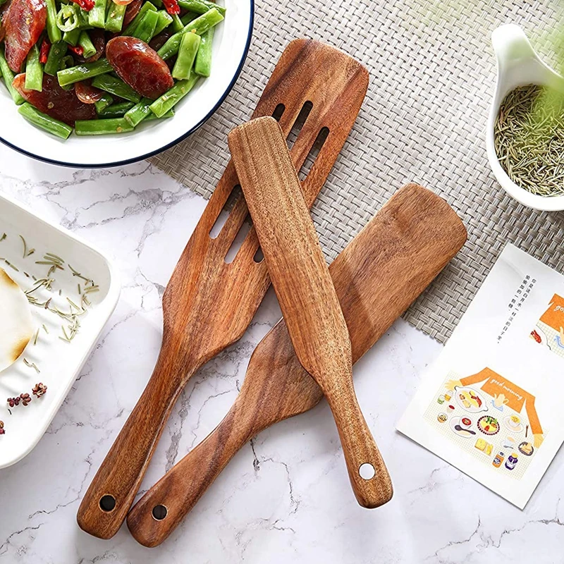 

Набор деревянных кухонных принадлежностей, антипригарный шпатель из тикового дерева, кухонные принадлежности с отверстием для подвешиван...