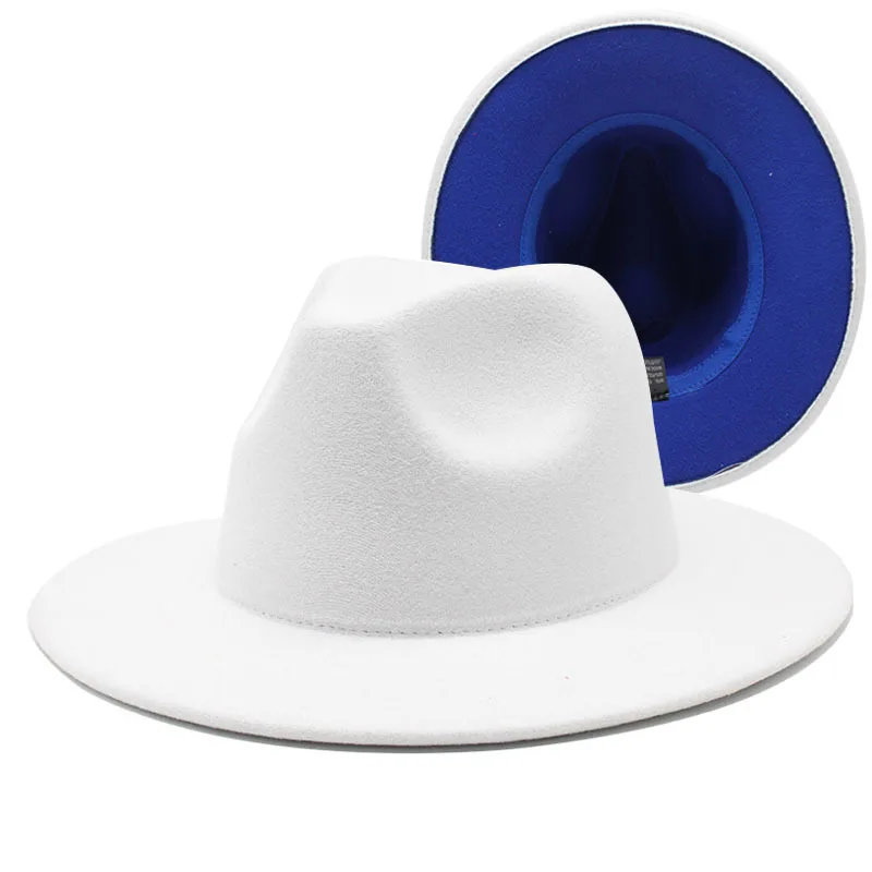 

New Outer white Inner blue Wool Felt Jazz Fedora Hats with Thin Belt Buckle Men Women Wide Brim Panama Trilby Cap 56-58CM