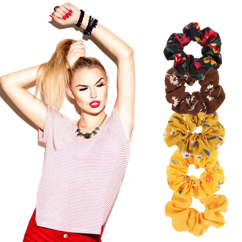 

Fashion girls Elastic Hairbands Printed Chiffon Hair Ring Ponytail Holder Rubber Ropes Temperament Hair Accessoires Floral 20pcs