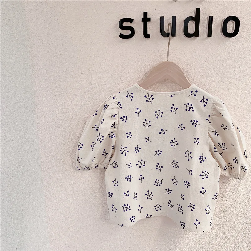 

Adbaby children's clothing 2021 spring and summer new girls' summer clothing bubble sleeve hemp cotton short sleeve shirt 20372
