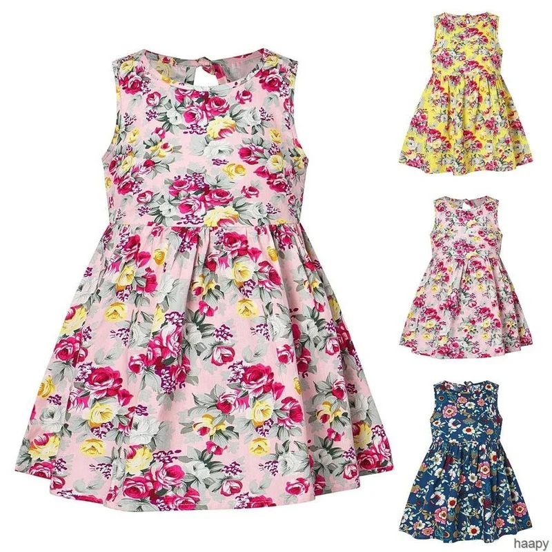

Girls Kids Sleeveless A-line Dress Round Neck Lovely Floral Printed Summer Comfy Wear