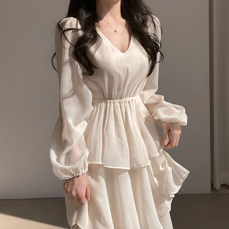

2021 V-neck Pleated Waist Slim Solid Puff Sleevesutumn Autumn Ruffles Patchwork Cake Ankle-Length Dresses Women