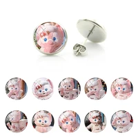 disney new character pink fox linabell image stud earrings glass cabochon round dome earrings fashion gifts accessories qgz383