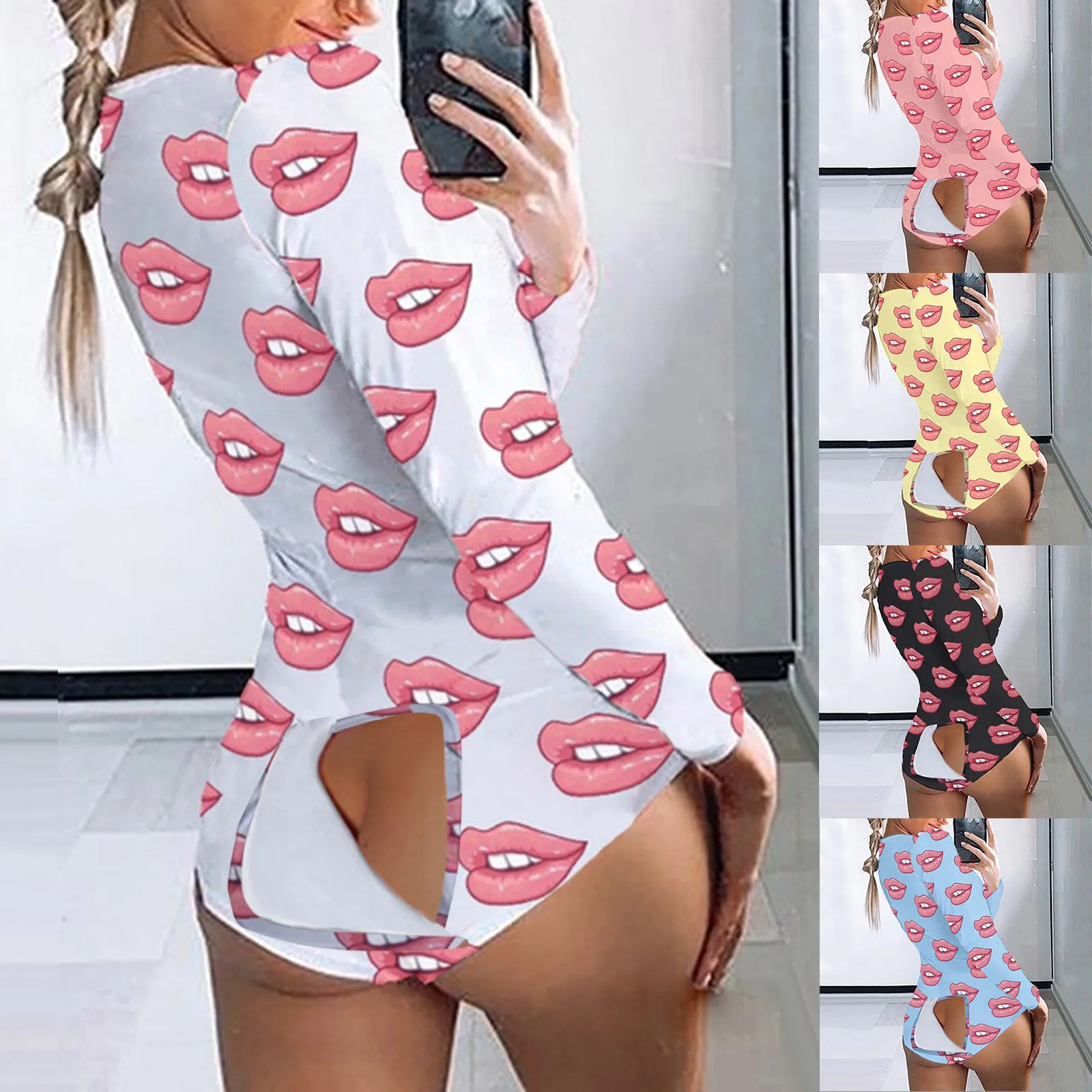 

Functional Buttoned Flap Playsuit Women's Button-down Print Jumpsuit Rompers Butt Flap Pajamas Valentine's Day Nightwear A50