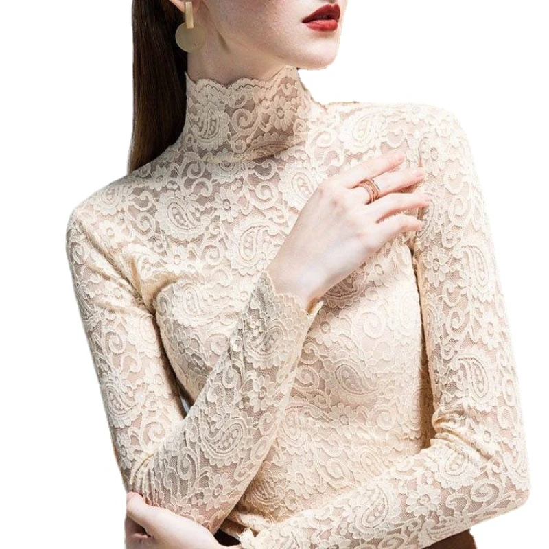 

2020 New Women Sexy Lace Shirt Stand Collar Long Sleeve 2 Types Women Shirts Flocking Thick Tops Blusas Mujer De Moda