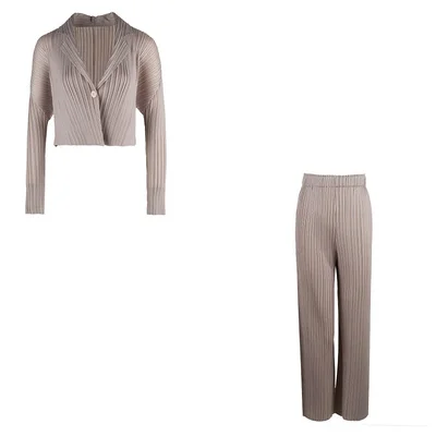 

Hstar Korean Style Pleated Women Trousers Suit Single Button Notched Collar Blouse Wide-leg Pants Set Ladies Causal Loose Suit