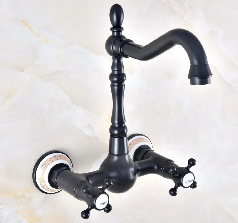 

Black Oil Rubbed Brass Double Handle/Hole Wall Mounted Kitchen Bathroom Basin Faucet Sink Mixer Tap Swivel Spout 360' dnf466