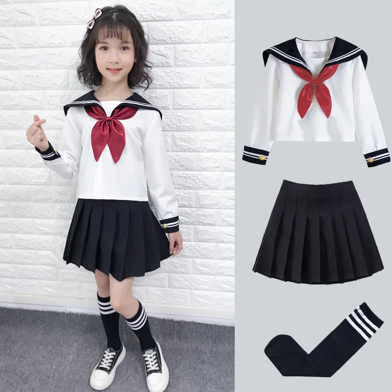 

Kid JK Sailor Dress 4PCS Girl Japanese Korean Orthodox School Uniform Pleated Skirt Navy Long Short Sleeve Kawaii Suit Anime COS