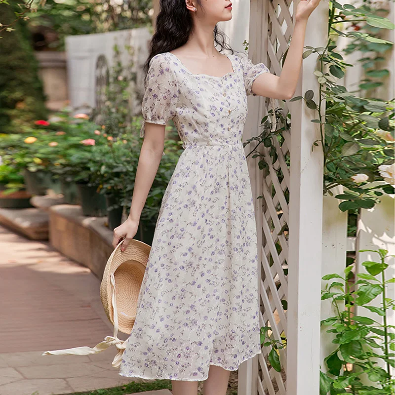 

Sweet Summer Midi Dress Women Vintage Square Collar Floral Printed Chiffon Dress Elegant Japanese Mori Girl Vestidos Lolita Robe