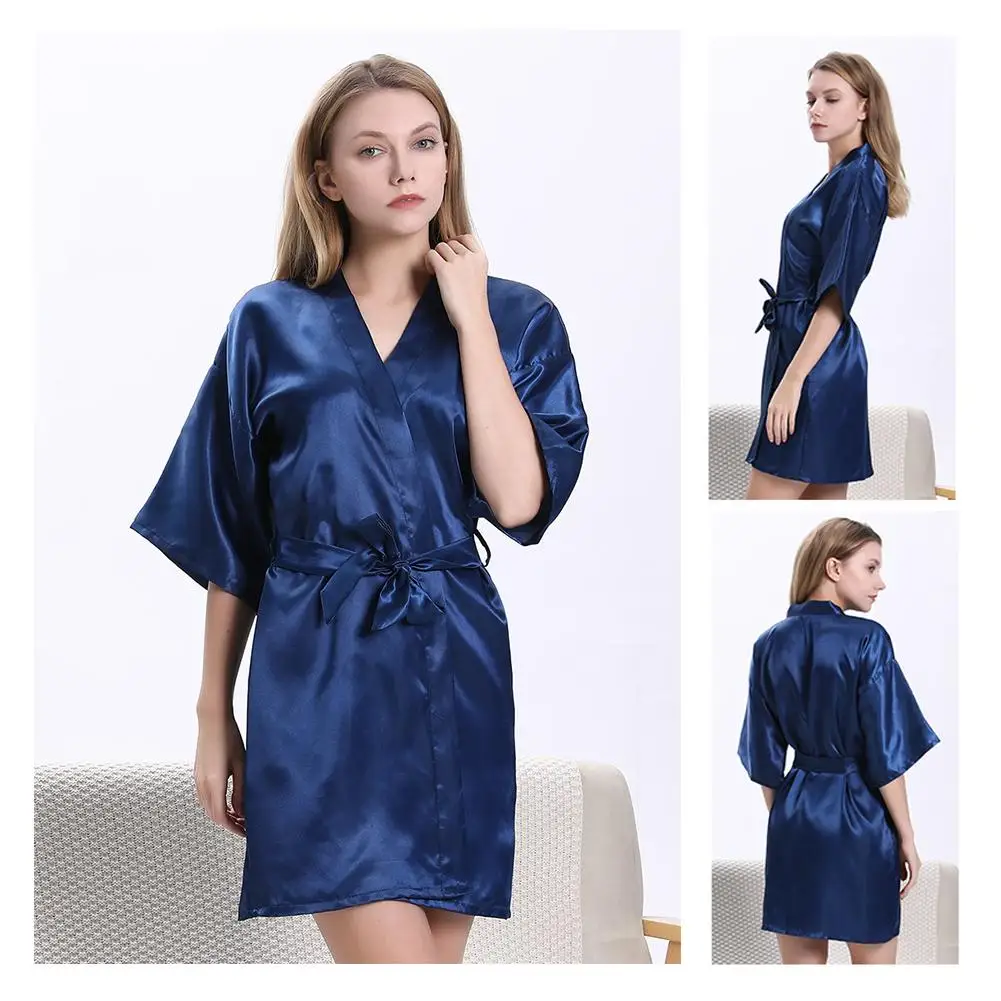 

Women Summer Solid Color Ice Silk Midi Dress Bath Robe Waist Belt Sleepwear Lingerie Casual Bridal Homewear Nightgown