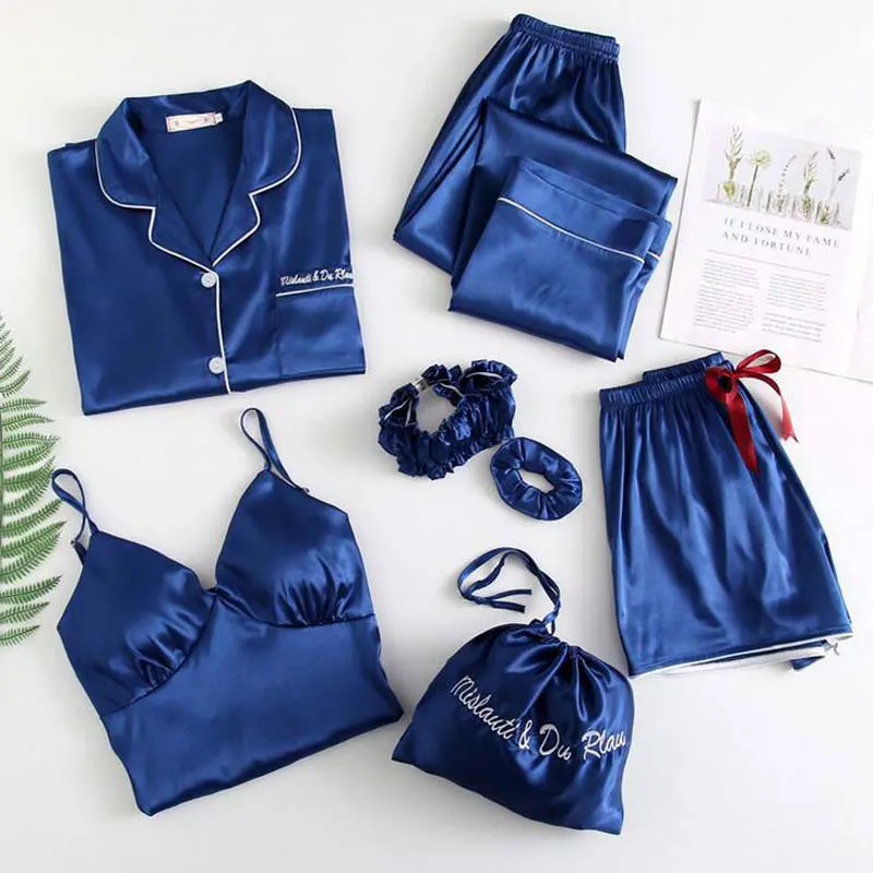 

2021 Spring 7 Pcs Pajama Set Women Striped Sleepwear Silk Pajamas Female Summer Satin Pyjama Homewear Lounge Wear Set Loungewear