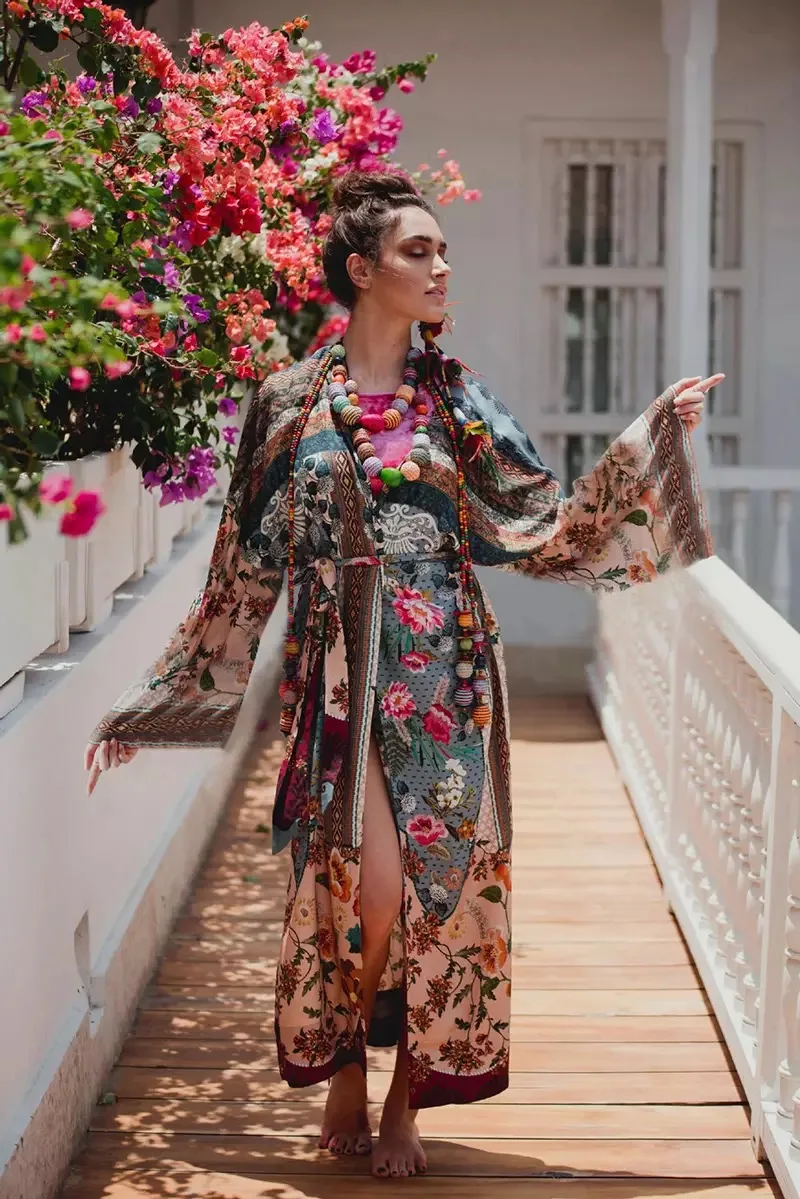 

Print Floral Vintage Kimono Holiday Flare Sleeve Beach Cover Up With Sashes Slit Boho Vintage Long Cardigan