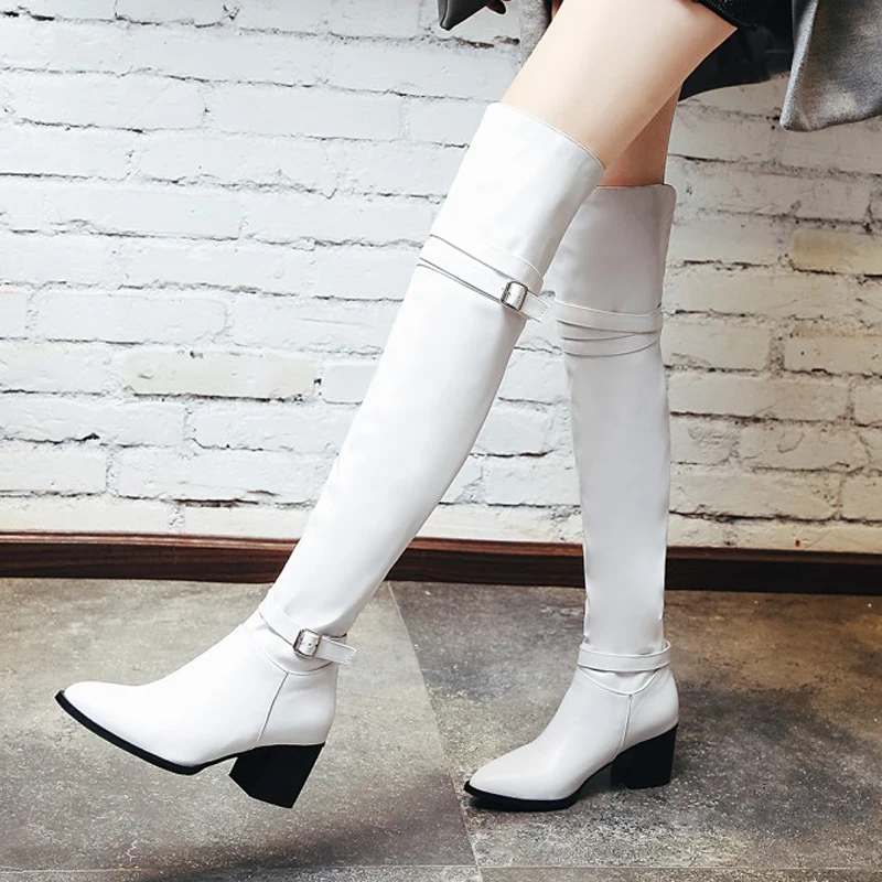 Зимняя Теплая обувь женские привлекательные черные белые сапоги выше колена на