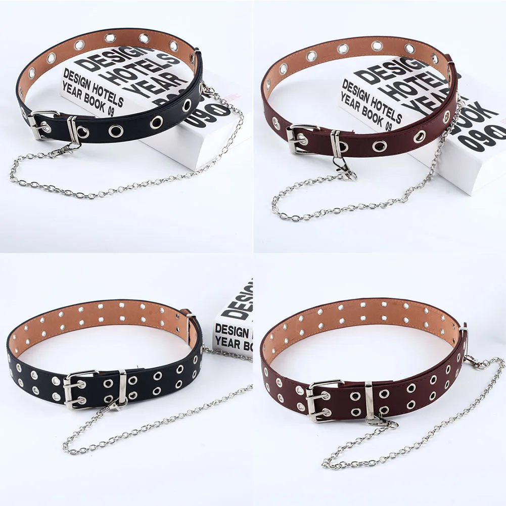 

Women Punk Chain Fashion Belt Adjustable Double/Single Row Hole Eyelet Waistband with Eyelet Chain Decorative Belts 2021 New
