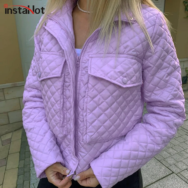 

InstaHot/клетчатое жаккардовое Женское пальто с большими карманами, повседневное осеннее пальто 2021 с отложным воротником, Уличная Повседневна...