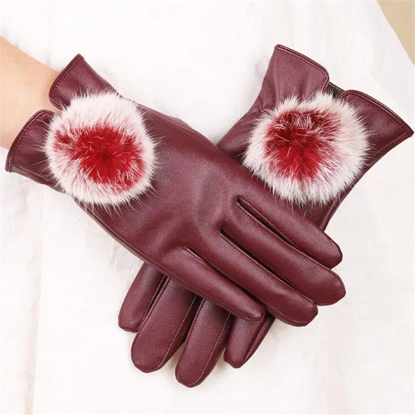 V port Jujube Red YRRETY модные зимние Для женщин на открытом воздухе Повседневное перчатки из кожи и плюша Ветрозащитный Полный палец рукавицы для запястья, женская теплая обувь на кроличьем меху Перчатки - Цвет: V port Jujube Red