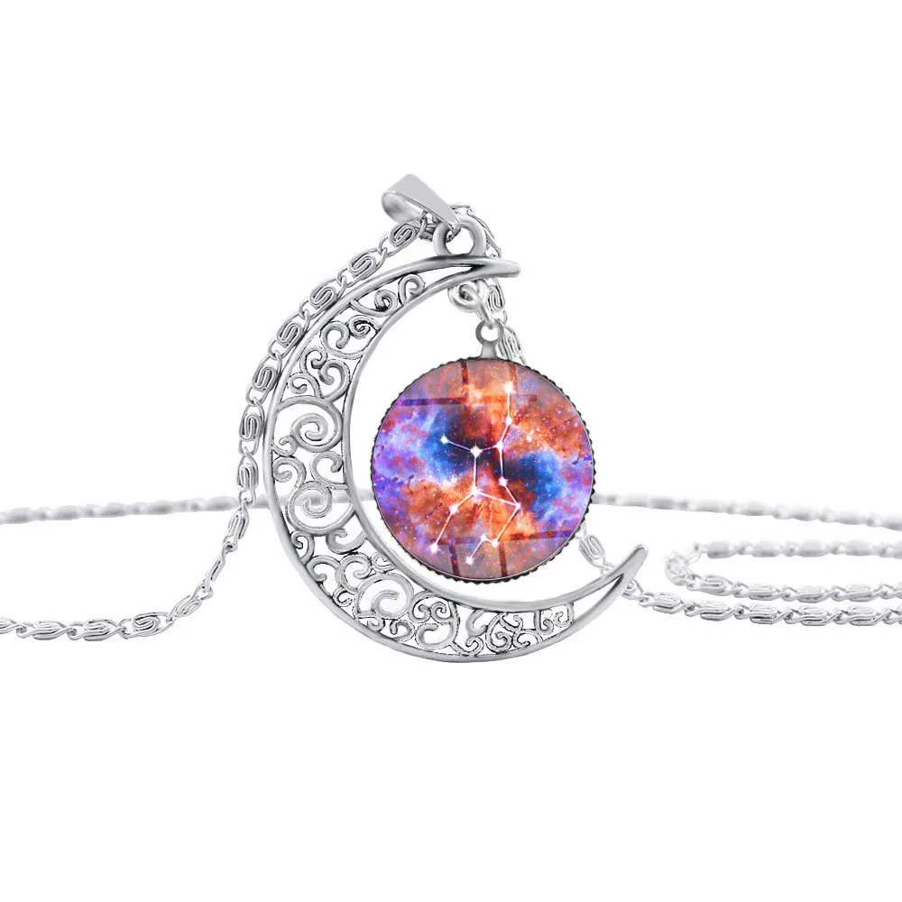 

12 Constellation Virgo sign Star Sky Universe Planet Crescent Necklace Time hollow Half Moon Planet Zodiac Necklace jewelry