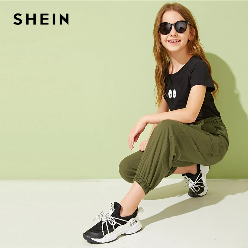 SHEIN Kiddie/повседневные штаны-карго с карманами в армейском и зеленом цвете для девочек детские длинные брюки с эластичной резинкой на талии на осень года, Chldren