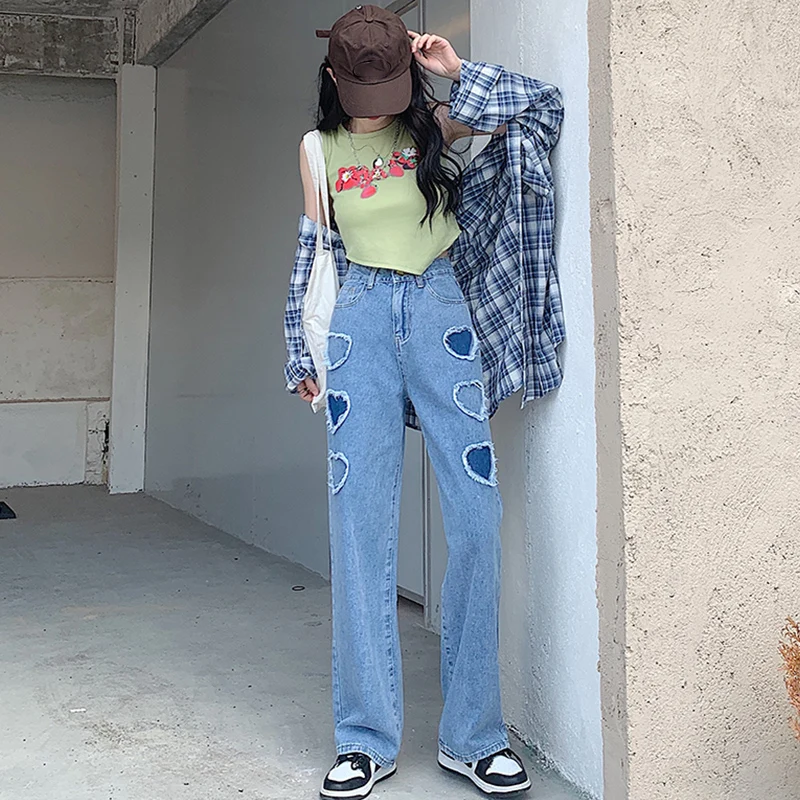 

Джинсы в стиле Харадзюку, прямые свободные широкие штаны в японском стиле, с высокой талией, с любовными строчками, контрастных цветов, новы...