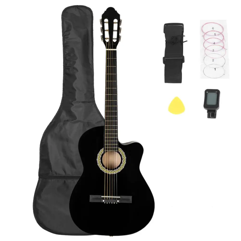 

38 Inch Spruce Front Cutaway Folk Guitar With Bag & Board &Belt & Liquid Crystal Tuner & Strings Set Black