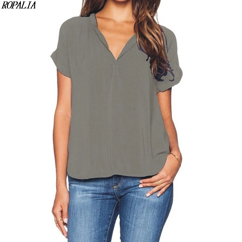 Женские Простые однотонные пуловеры с v-образным вырезом и коротким рукавом