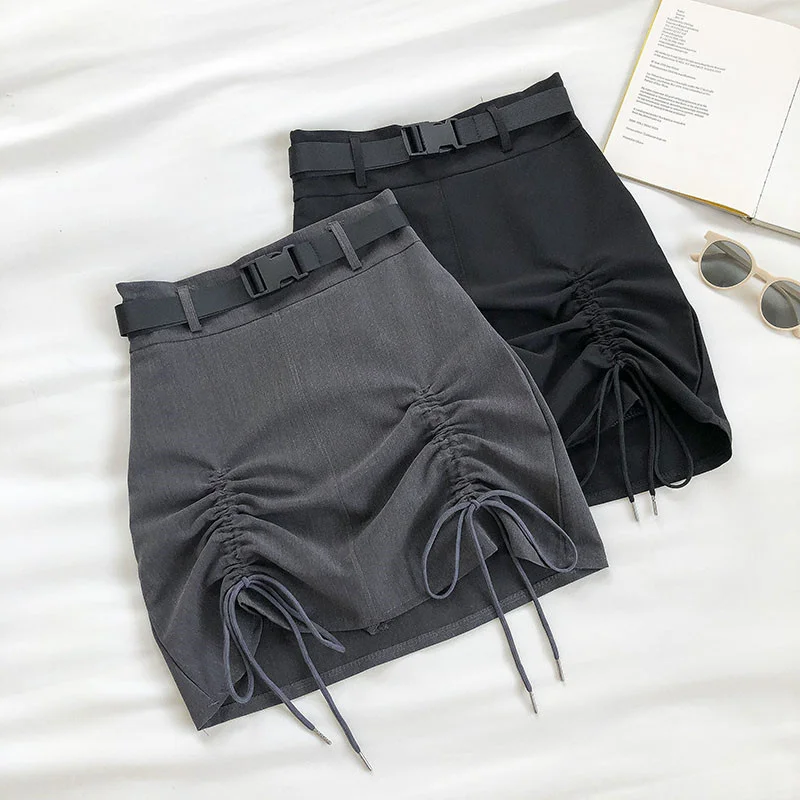 

Summer Women A-line Skirt Korean Empire Solid Office Lady Cute Above Knee A-Line High Waist Mini Skirts Drawstring Belt