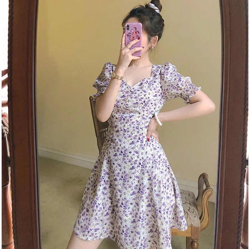 

Vintage Purple Floral Print Dress Women V Neck Puff Sleeve Side Split Slim Dresses Women 21 Summer Elegant Dress Female CX1833