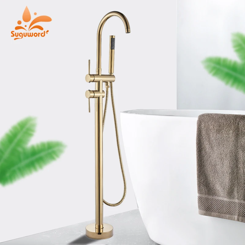 Suguword Brushed Golden Bathroom Shower Faucet Floor Standing Bathtub Hot and Cold Water Tub Mixer Tap Dual Handle Crane