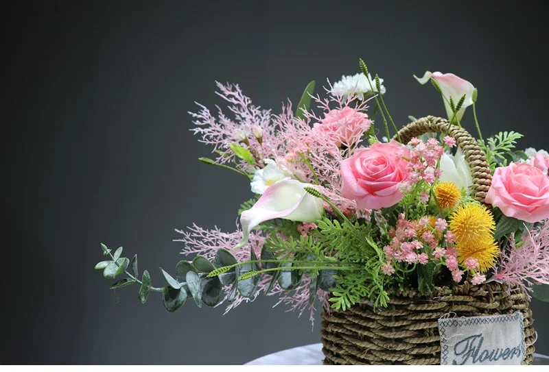 IINDIGO Designed- Pink Rose Flower Basket Flower Arrangement Gift Bouquet Artificial Flower Party Event Free Shipping