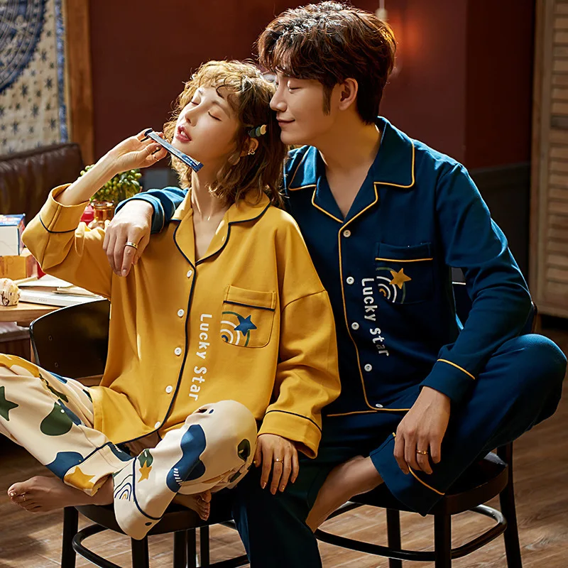 

Cotton Couple Pajamas Fresh Style Long Sleeve Sleepwear Simple Plaid Cardigan Home Suit For Lover Pijamas Mujer Comfort Pijamas