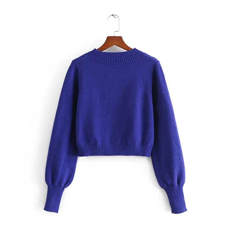 

21 spring and autumn short round neck single-breasted lantern sleeve sweater women