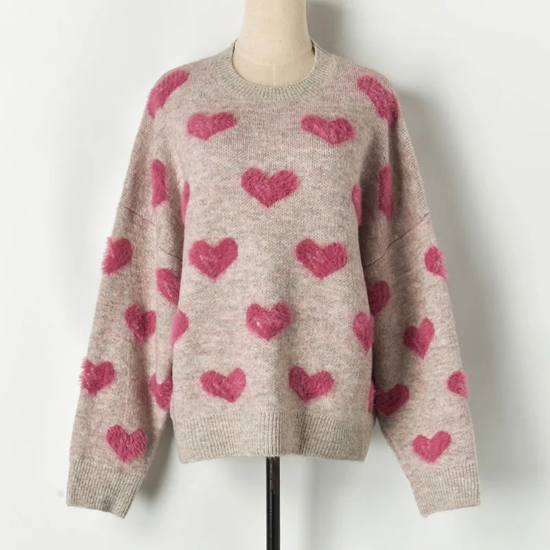 

Oversized Sweater Women Jumper 2021 Winter Soft & Warm Cute Long Sleeve Fluffy Knitwear Female Heart Pattern Knit Pullover