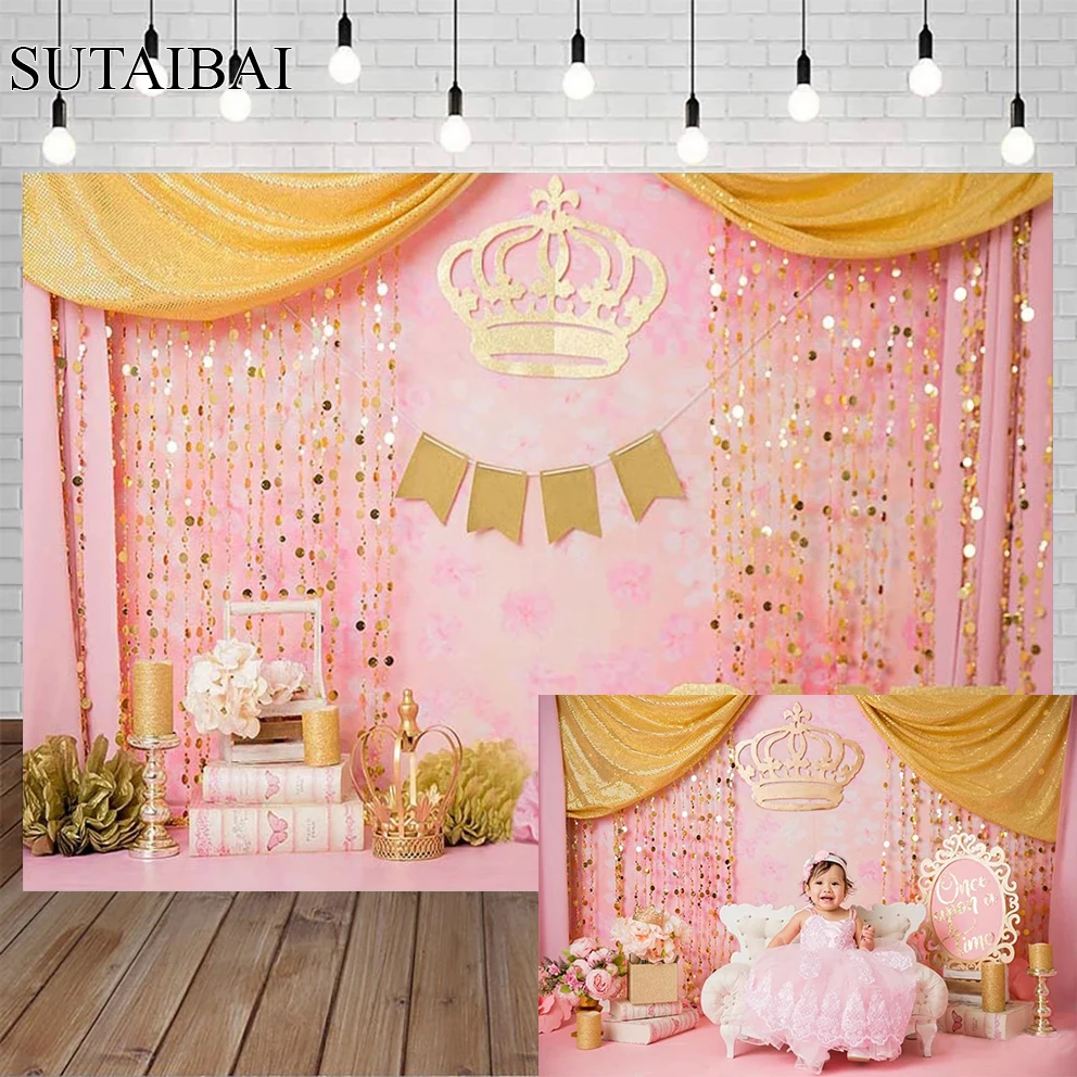 

Розовый кирпичная стена маленькая принцесса девочка первый день рождения фон Золотая Корона фотография ребенок душ ребенок портрет декорация баннер