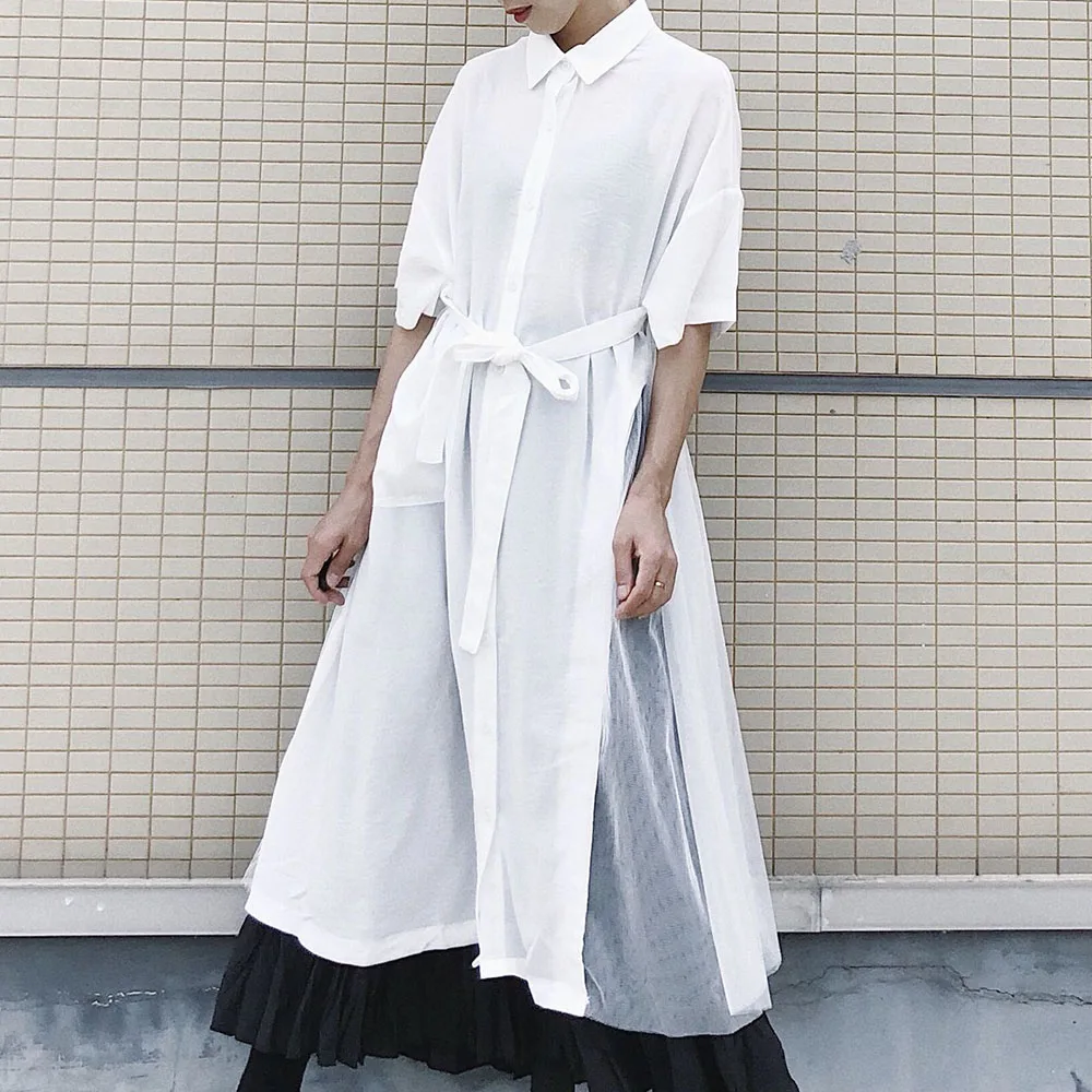 

Korean Japan Style Women Long Chiffon Shirt Irregular Mesh Stitching Single-breasted Top School Casual Tee Shirt 2020 Spring New