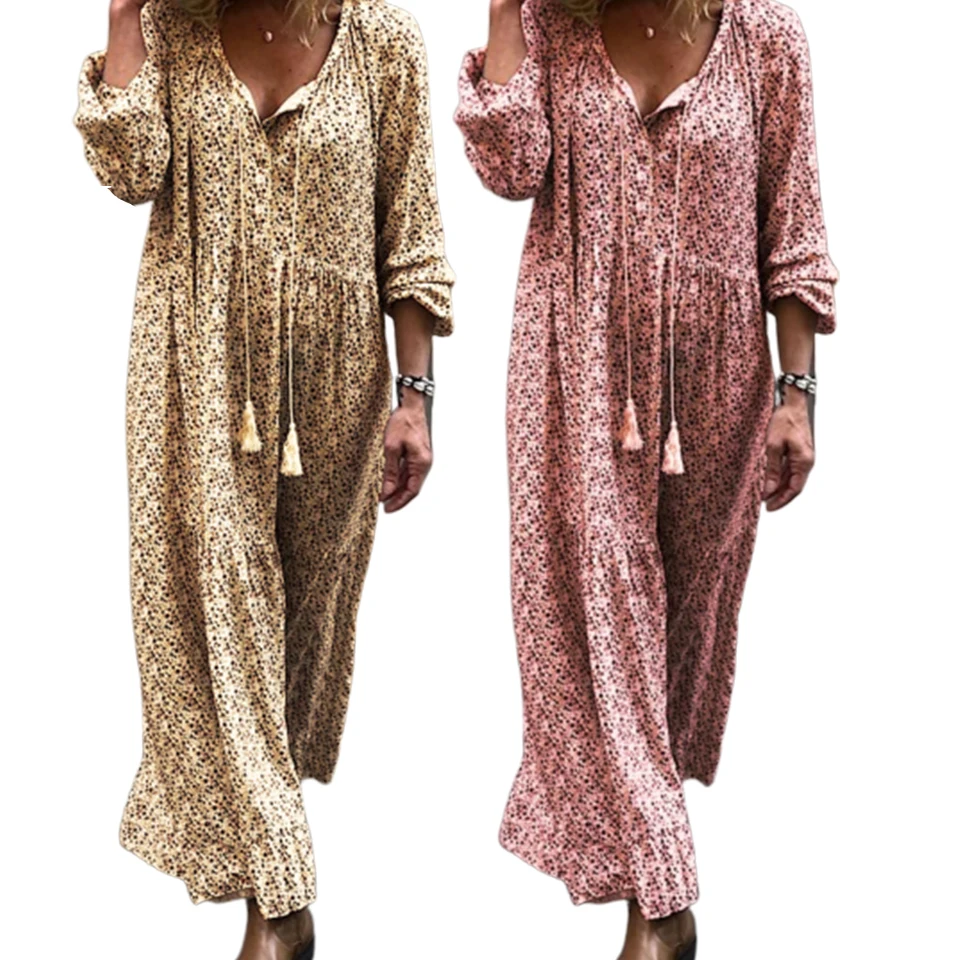 

Boho Bohemian Clothing Sukienka Plus Size Dresses For Women 4xl 5xl Robe Femme 2021 Plunge V Neck Long Sleeve Dress Drawstring