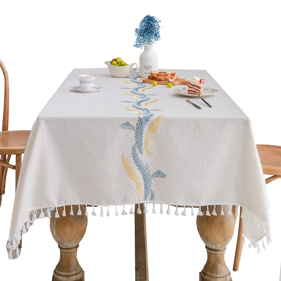 Скатерть из хлопка и льна с вышивкой в виде листьев прямоугольная скатерть