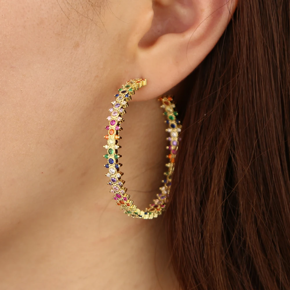 

Fashion Large Big Round Hoop Earring With Rainbow Cz Prong 50mm Heavy Colorful Crystal wedding earring jewelry for Women