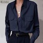 ZANZEA 2021 женская рубашка, рубашка для девушек, повседневные свободные блузы с карманами, рубашка со скрытыми пуговицами туника топ Женская хлопковая c воротником блузки размера плюс