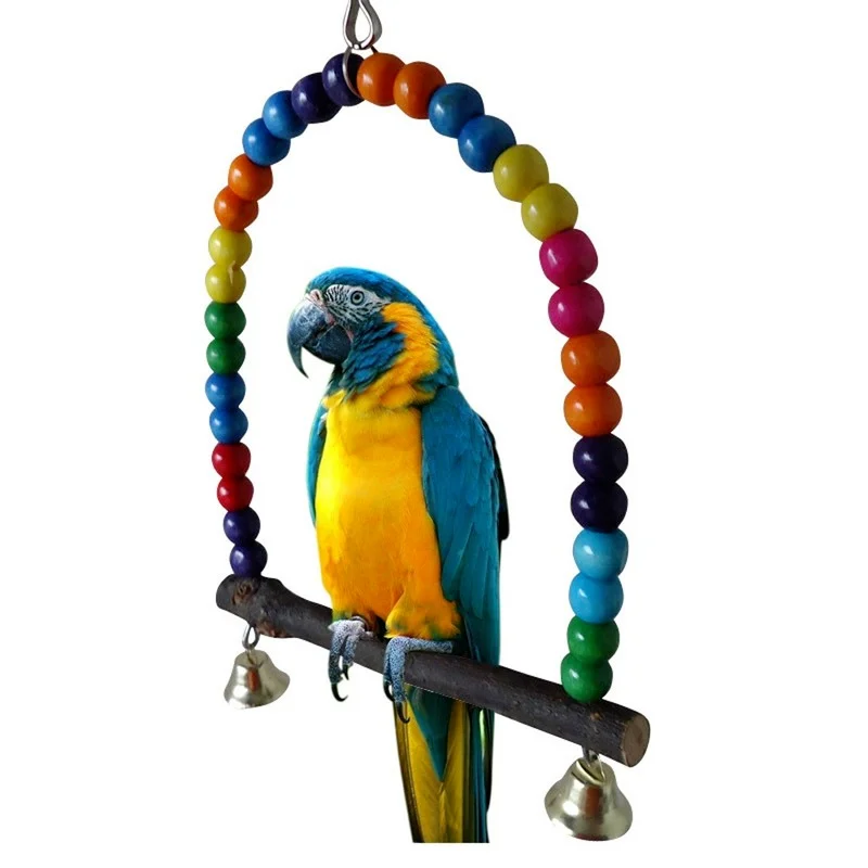 

1PC Natural Wooden Parrots Swing Toy Birds Colorful Beads Bird Supplies Bells Toys Perch Hanging Swings Cage for Pets