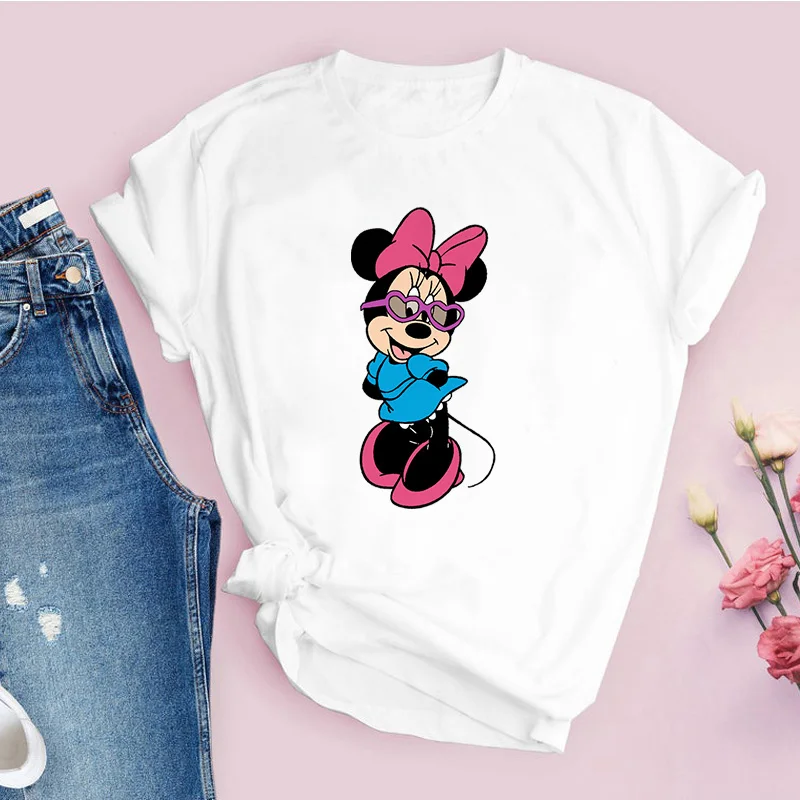 

Summer Women White T Shirts Disney Minnie Printed Loose O-neck Short Sleeve T-shirts Ladies Harajuku Tops Tee Female Clothing