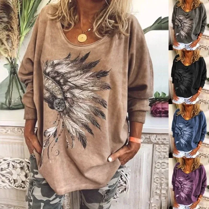 

Women T-Shirts Feather Print Loose Casual Plus Size 5XL O-Neck Long Sleeve T-Shirt 2020 Spring Autumn Oversize Female Tops