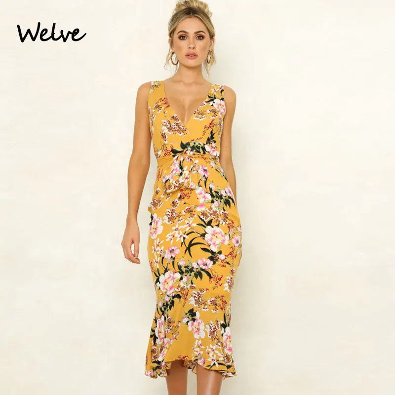 Welve летнее модное сексуальное платье с принтом лотоса декольте листьев кружевное