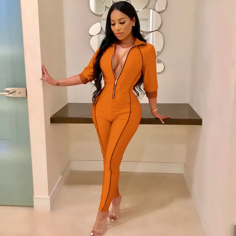

Womens Jumpsuit Fashion Zipper Closure 3/4 Sleeve Sexy Stand-up Collar Striped Solid Simple Line Style Spring Clothing Leotard