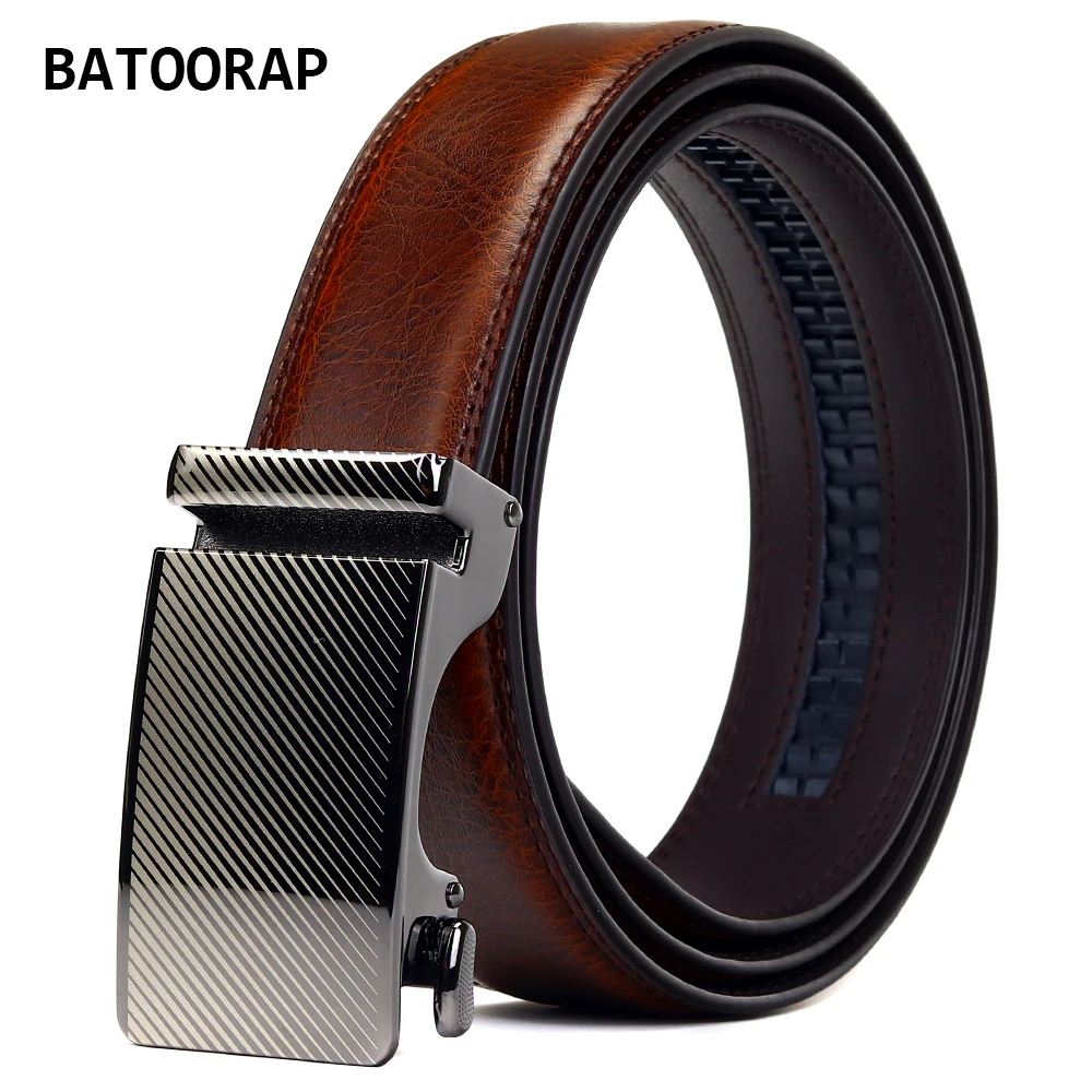 

BATOORAP Male Business Trouser Belt Real Leather Striped Aolly Buckle Automatic Mens Formal Style Brown Waist Belt Strap Z90P01