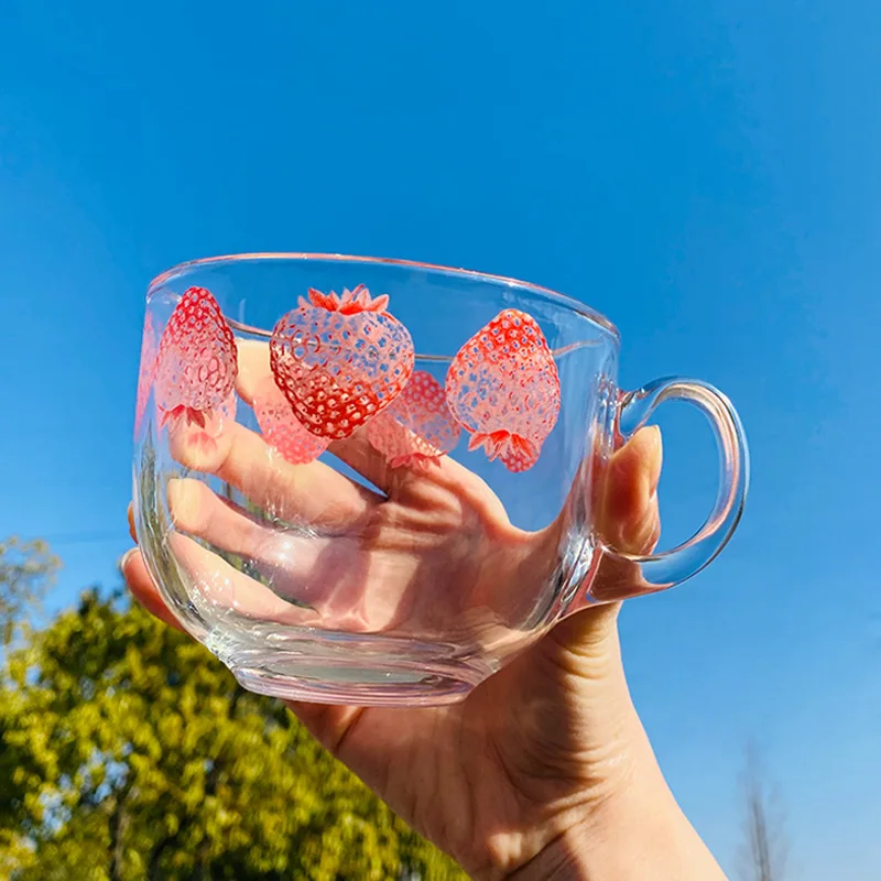 

Simple Cute Milk Glass Cup Coffee Mug Beer Drinking Wine Tea Water Strawberry Glass Cup Breakfast Nordic Vasos Drinkware DF50BL