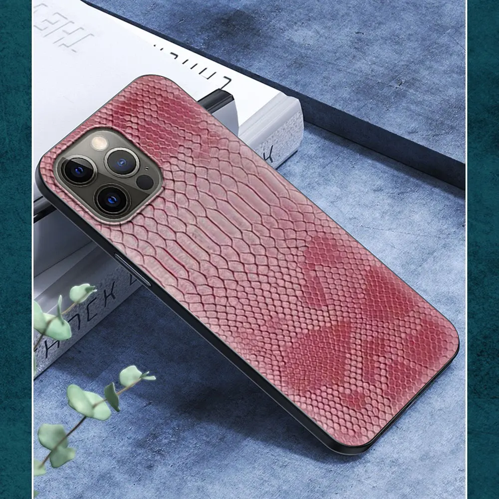 

Phone Case For iPhone 11 12 Pro XS Max 8 7 Plus X XR Silicone Soft TPU Black Shell Back Cover Coque Fundas Pink Leather Snake