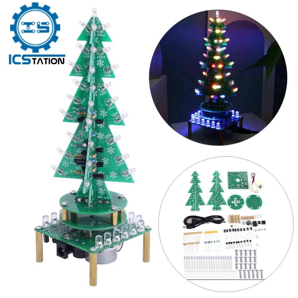 

DC 4-5V DIY Kit Christmas Music Tree Auto-Rotate Flash Colorful LED Circuit Light Suite Electronics Components Welding Practice