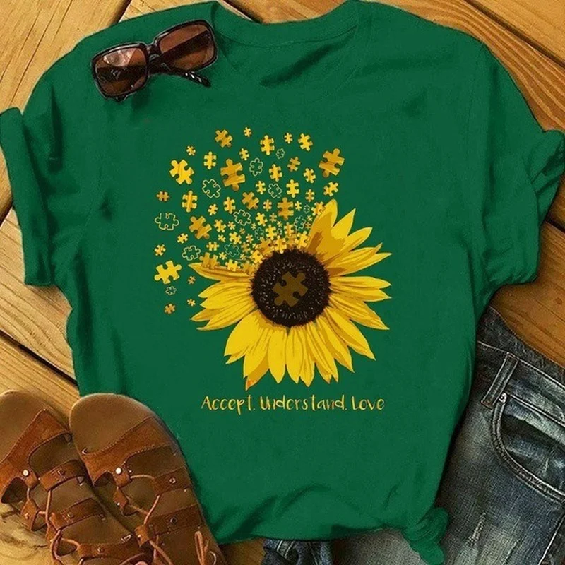 

Sunflower Plaid Letter Print Women T Shirt Short Sleeve O Neck Loose Women Tshirt Ladies Tee Shirt Tops Clothes Camisetas Mujer