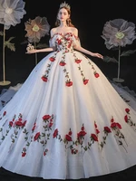 gorgeous embroidery wedding dresses off the shoulder court train luxury boat neck elegant red rose princess bridal gowns 2022