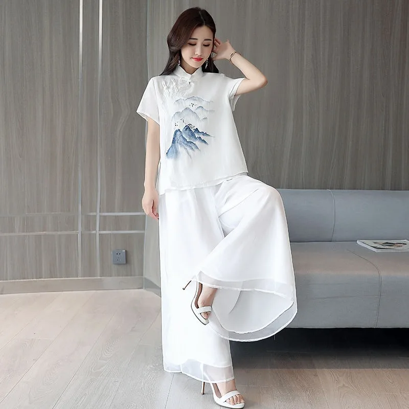 

China Women Retro Buckle Cheongsam Top + Chiffon White Wide-leg Pants Chinese Style Vintage Elegant Lady Print 2 Piece Set